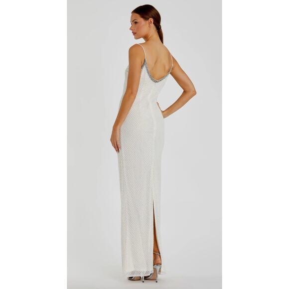 Mac Duggal ‎ White Beaded Spaghetti Strap Column Gown 14 - Picture 3 of 13